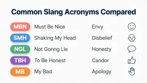 Infographic comparing internet slang acronyms MBN, SMH, NGL, TBH and MB with their meanings and tones