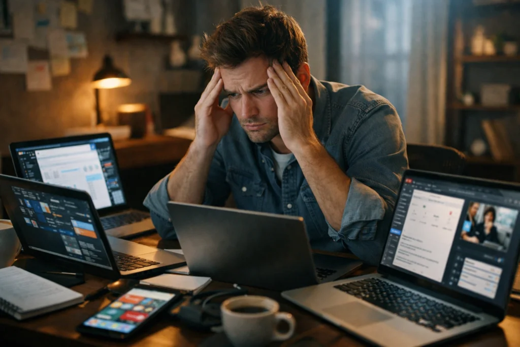 person struggling with multiple tools before using edivawer system