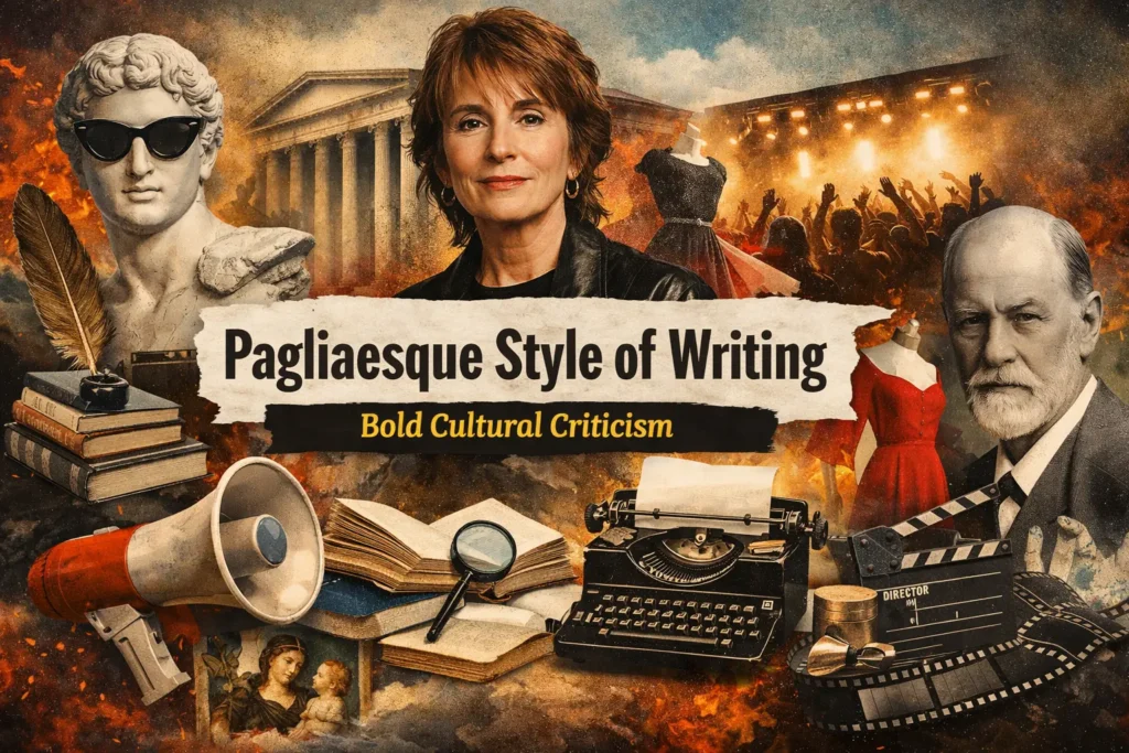 Pagliaesque writing style illustrated by a bold intellectual thinker writing in a study