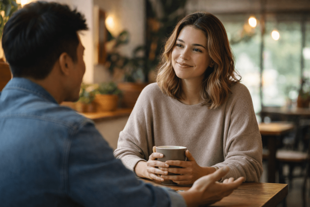 Person responding calmly in conversation demonstrating the meaning of onnilaina as flexibility