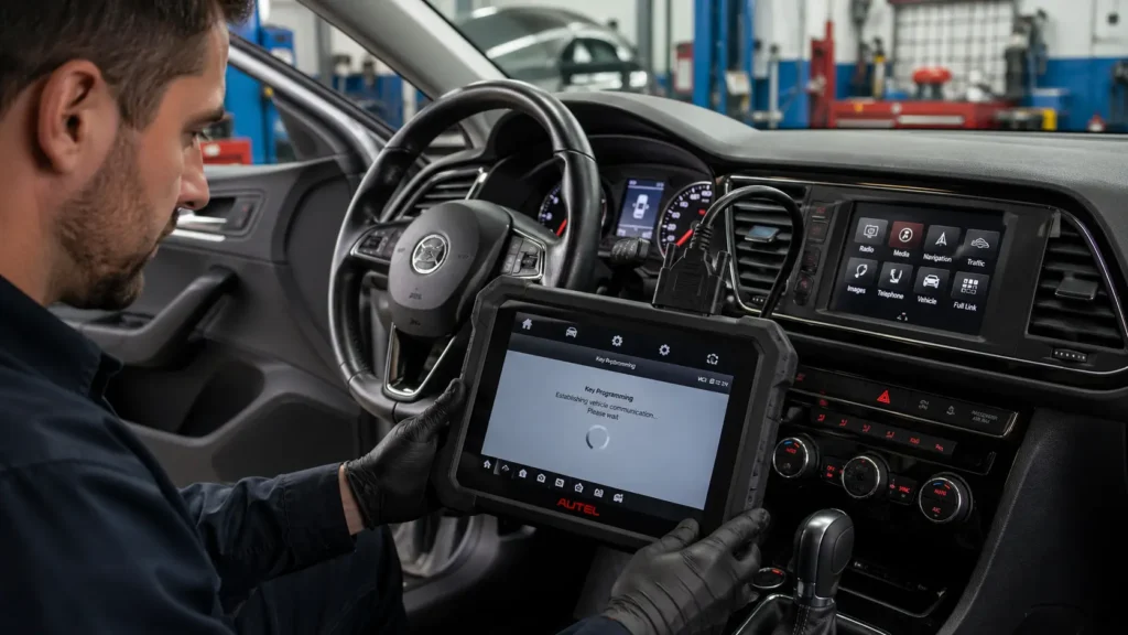 Car key programmer software connected to vehicle OBD port for key programming