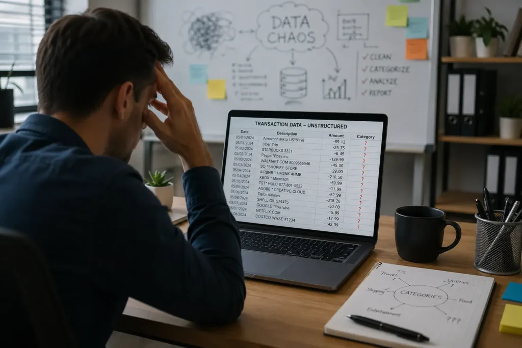business category classification methods example showing messy transaction data