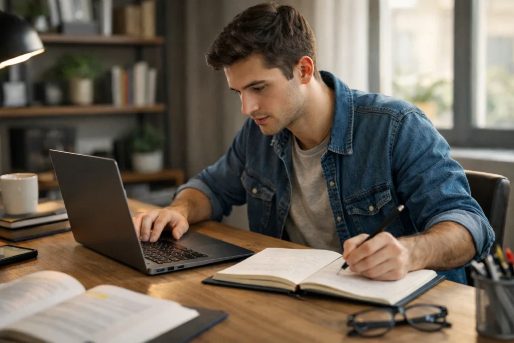 Person practicing skills while learning on laptop showing concept of duaction learning by doing