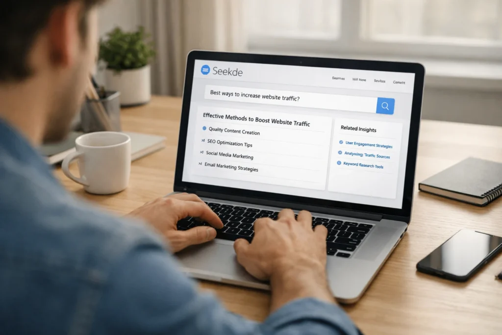 Seekde AI search platform interface on laptop showing smart search results